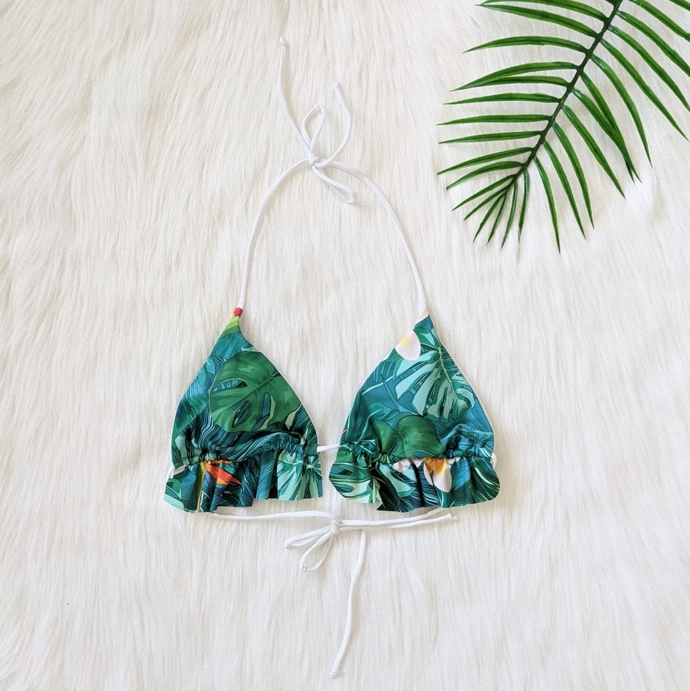 Tropical print triangle ruffle trim bikini top